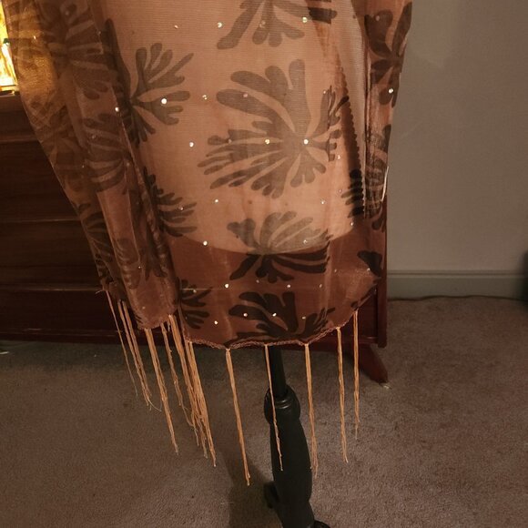 Elegant Copper Silk and Velvet Palm Print Scarf - Picture 4 of 8